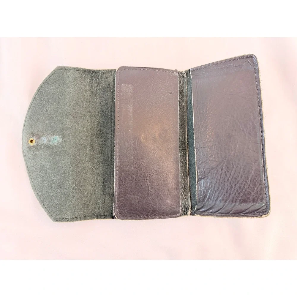 Vintage Black Leather Trifold Wallet Distressed Brass Snap Coin Pocket Biker